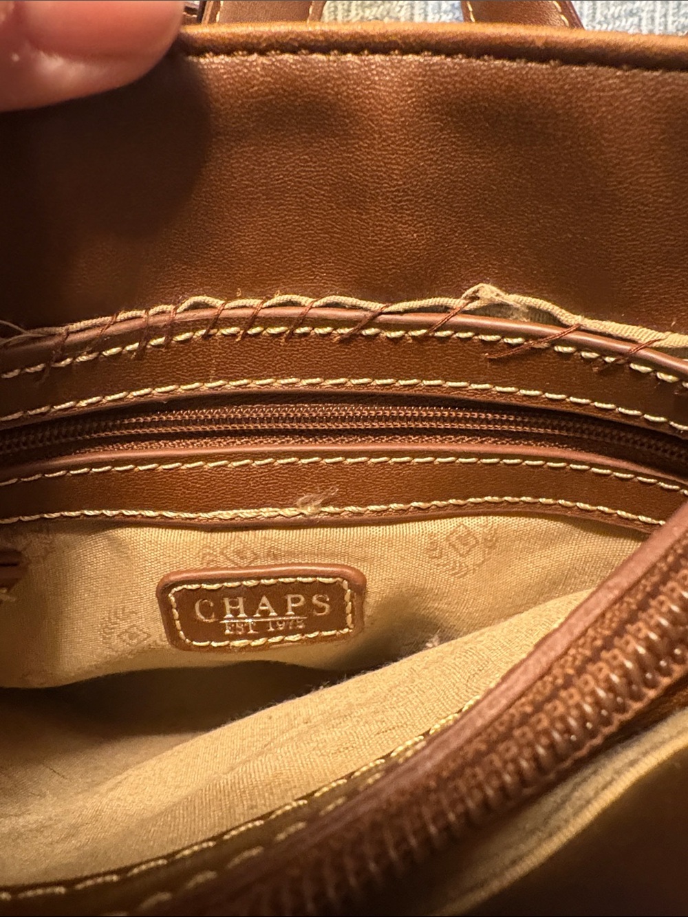 Chaps Beige Canvas Crossbody Bag with Brown Trim and Silver Toned design - Picture 8 of 9